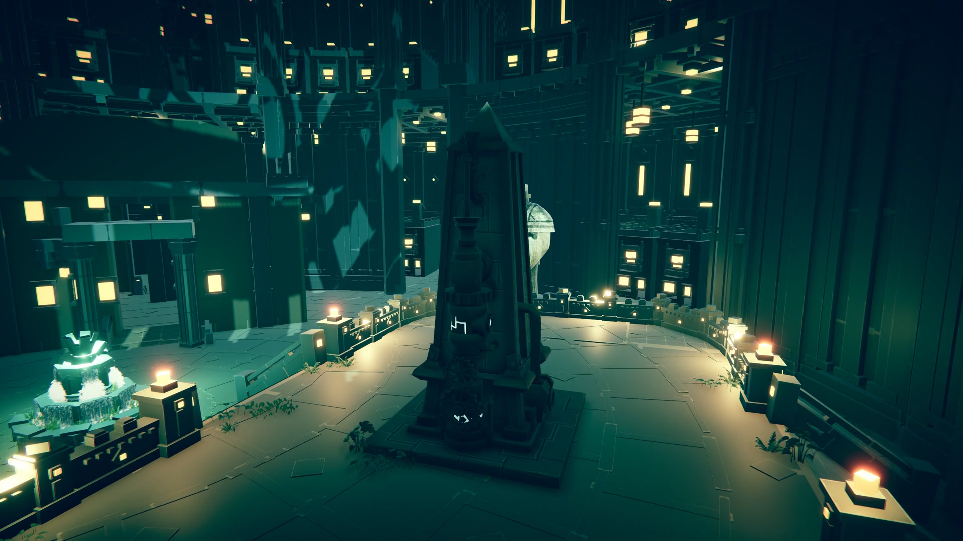 Forest City blockout, with a central plaza framed by tall structures and terraces.