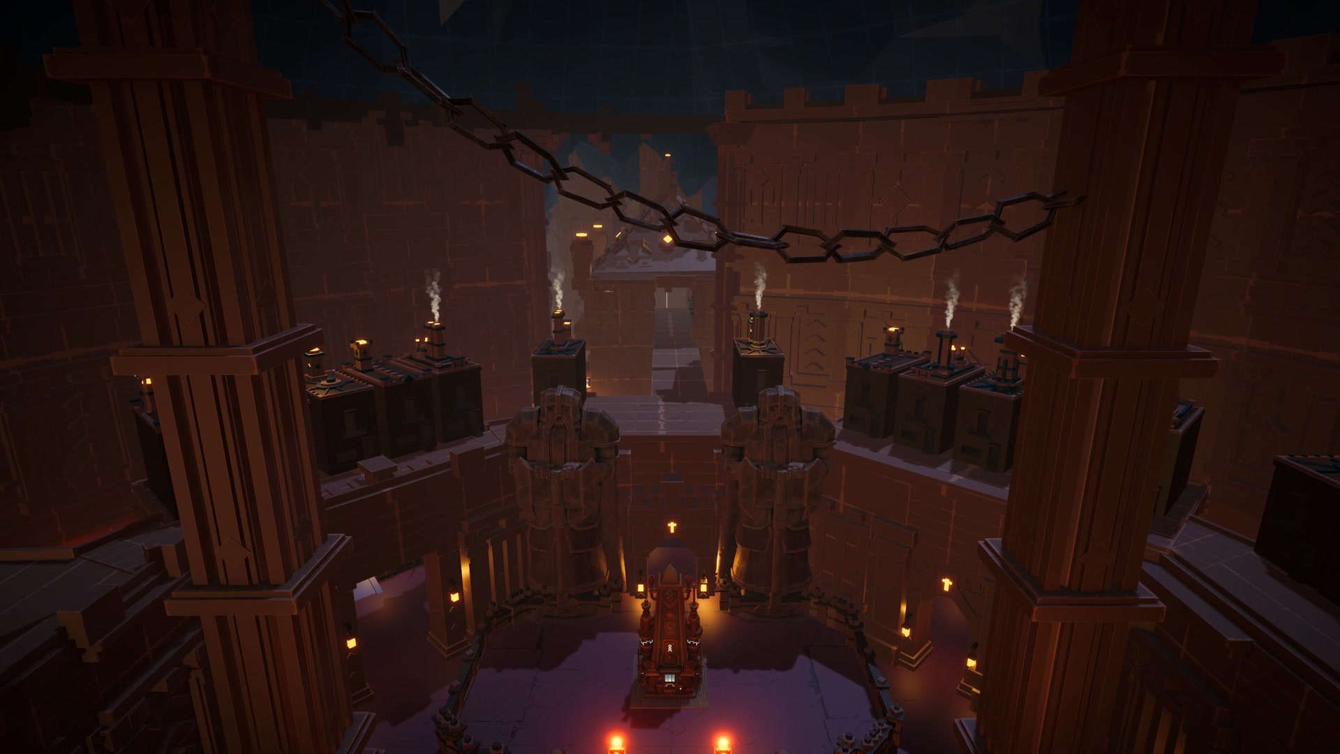 Darkstone City blockout with bridges, platforms and lava deep inside the central shaft.