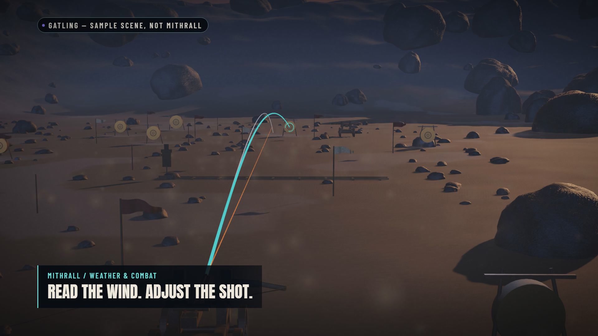 Crosswind and projectile trajectory comparison in the Gatling sample scene.