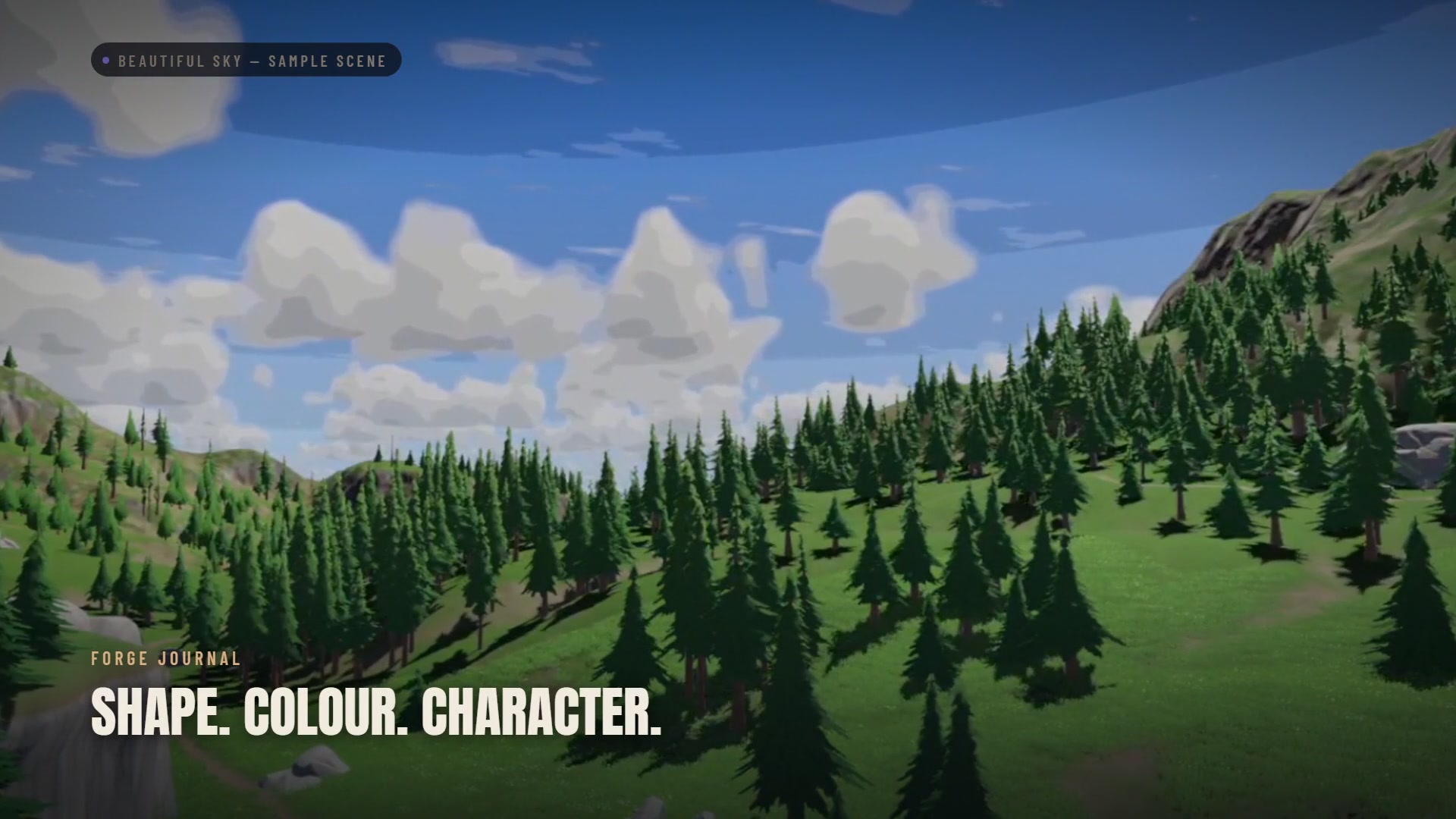 A bright sky and stylised clouds over the BeautifulSky sample landscape.