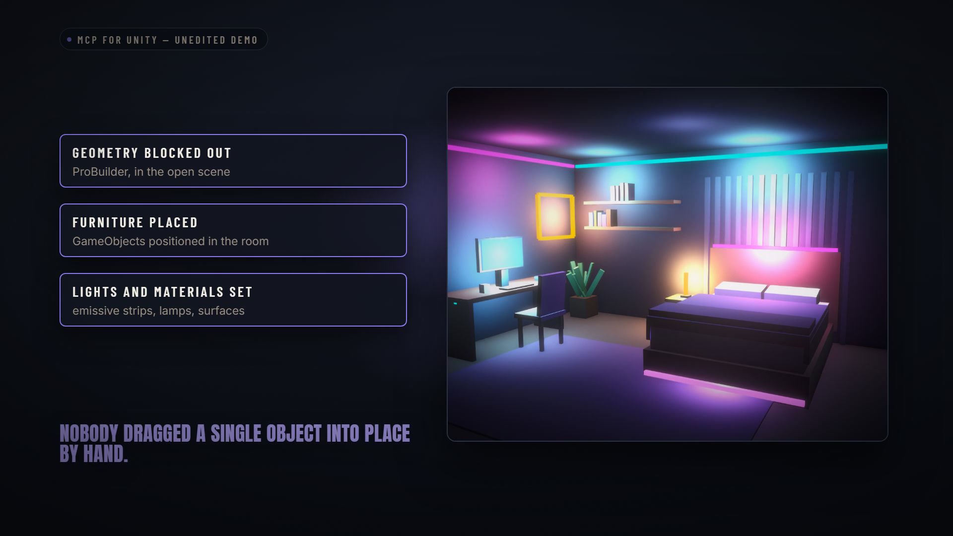 MCP for Unity demonstration showing a room built and lit inside an editor scene.