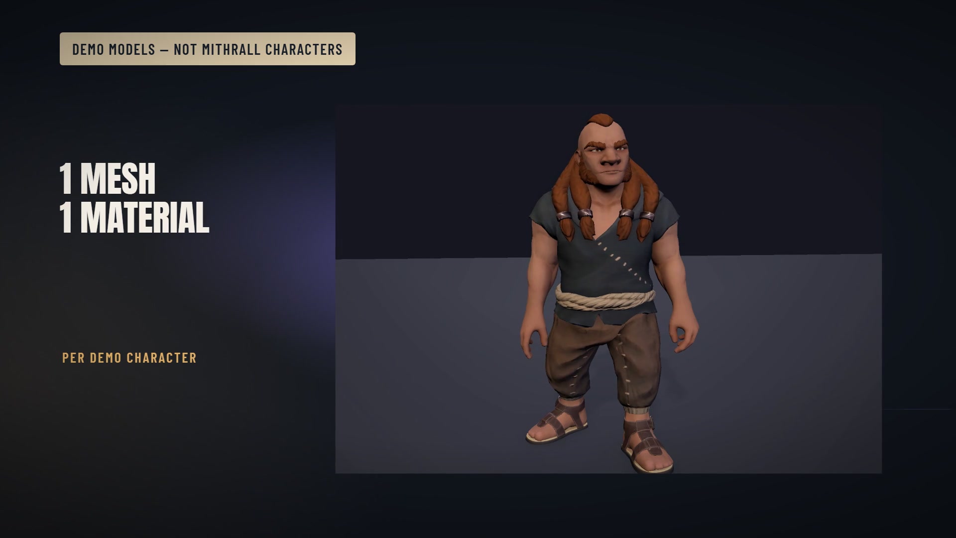 Changeling demonstration character with the one mesh and one material result labelled on screen; sample model, not a Mithrall character.